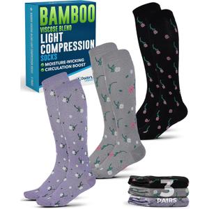 Doctor's Select Light Compression Socks for Women & Men - 3 Pairs, Knee High Comfort and Support, 8-15 mmHg Compression Socks Women, Flowers (L, Lilac, Black, Gray)