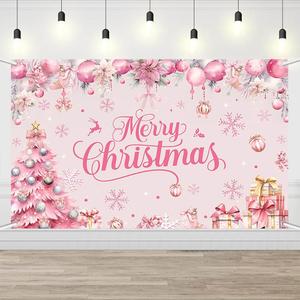 AIBIIN Merry Christmas Party Backdrop Pink Coquette Snowflakes Christmas Tree Merry Xmas Photo Photography Background Winter Wonderland Xmas Party Decoration 70.8x43.4inch