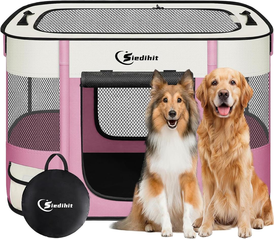 Dog Playpen,Cat Pet Puppy Pen,Portable Playpens for Dogs Indoor Outdoor Travel Camping Use,Foldable Dog Kennel Tent Crate for Rabbit Small Animals with Carrying Case (Pink, Large)