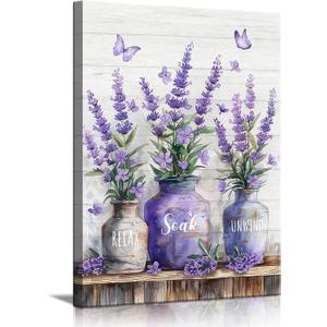 Farmhouse Bathroom Canvas Wall Art Relax Soak Unwind Wall Decor Picture Rustic Mason Jar and Butterfly Purple Lavender Posters Prints Home Bathroom Decoration 16x24in