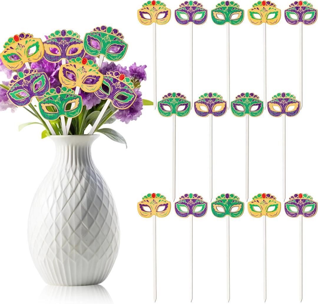 TICIAGA Carnival Mask Wooden Picks - 14PCS Circus Mask Double-Sided Wooden Decorative Picks for Home Vase Filler Mardi Gras Colorful Mask Wooden Picks Decor for Carnival Party Decorations Supplies