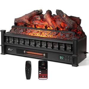 TURBRO Eternal Flame 26 in. WiFi Infrared Quartz Electric Fireplace Log Heater with Sound Crackling, Realistic Lemonwood Logs, Adjustable Flame Colors, Remote Control, Thermostat, Timer, 1500W Black