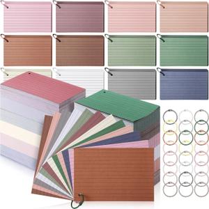 Ctosree 1440 Pcs Colored Index Cards with Binder Ring Ruled Flash Cards 12 Color Lined Note 56lb Cover for Studying Memory Office School(4 x 6 Inch,Soft Color)