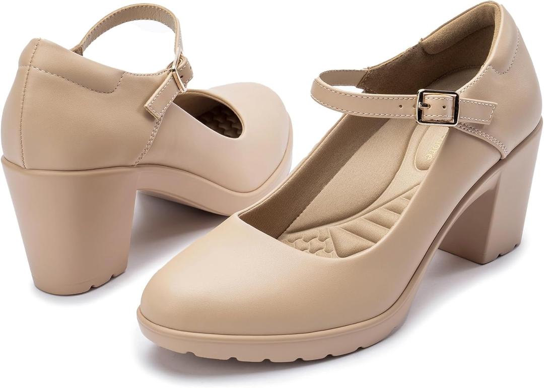 Mary Jane Heels with Arch Support, Closed Round Toe Chunky Pumps for Women, Comfortable Block Heel Dress Shoes (8.5, Nude)