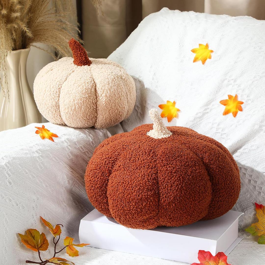 Queekay 2 Pcs Thanksgiving Pumpkin Pillow Pumpkin Decor for Friendsgiving Party Fall Home Thanksgiving Throw Pillow Cushion for Friends Holiday Operation Christmas Sofa Couch(White,Brown)