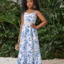 BEAUDRM Girl's Tropical Print Cami Dress Boho Tiered Spaghetti Strap Split Thigh Vacation Flowy Long Dresses (Blue, M)