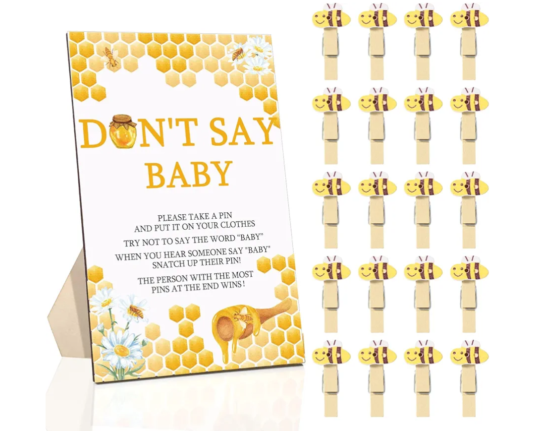 Unittype 51 Pcs Don't Say Baby Shower Game Favors Include Bee Theme Baby Shower Sign and 50 Mini Bee Clothespins for Boys Girls Gender Reveal Party Supplies