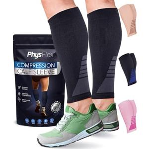 Calf Compression Sleeves for Men and Women - (1 Pair) Footless Compression Socks Support for Varicose Veins, Nursing, Pregnancy, Running - PhysFlex Leg Sleeve Brace for Shin Splints, Pain Relief and Reduces Swelling (Black, Medium)