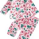 Kids Girls Christmas Valentines Pajamas Cute Print Button Down Tops + Pants Toddler Satin Sleepwear Silk Pajama Set (6-7 Years, Pink Candy Cane&bow)
