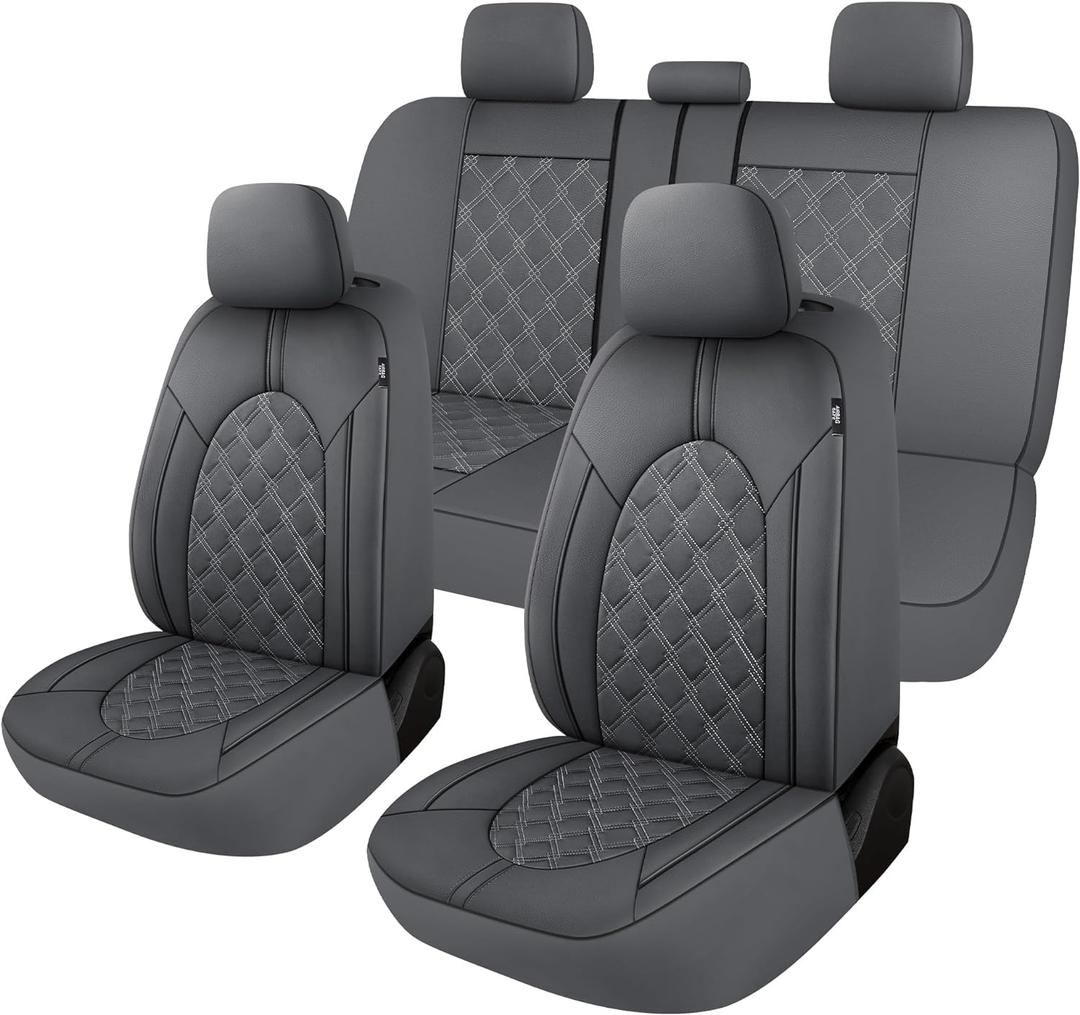 CAROMOP Luxury PU Leather Car Seat Covers Full Set-Waterproof Seat Protectors with Split Bench Seat Covers for Cars-Universal Cars Interior Covers for Sedans, SUVs, Pick-up Trucks(Gray/Gray Line)