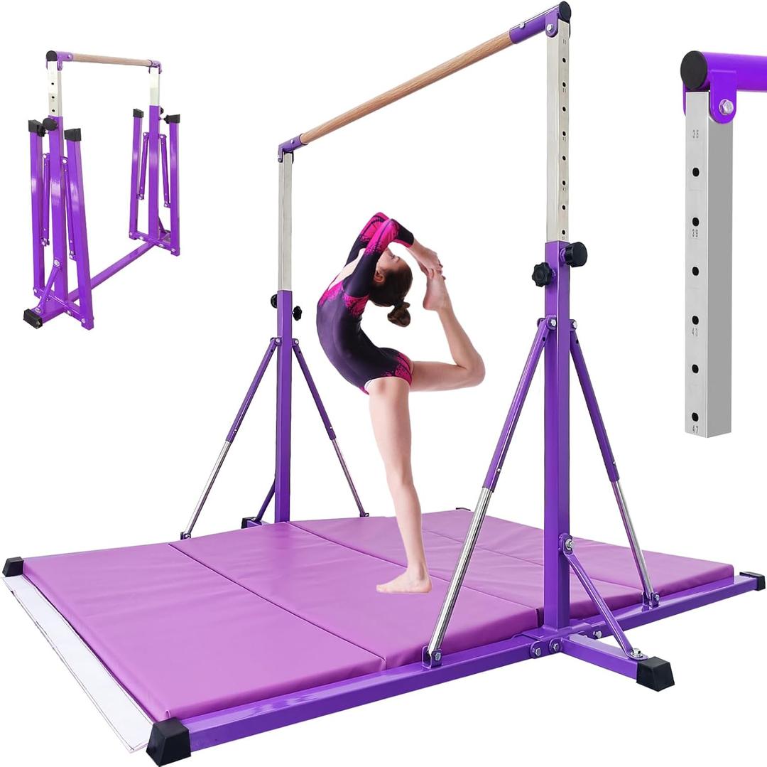 Gymnastics Bar for Kids Ages 3-15, 35" to 60" Adjustable Height, 4FT Wide Base - Professional Kip Bar with 360 Stability & Fiberglass Crossbar, Easy Fold&Solid Design for Home Training (New Purple)