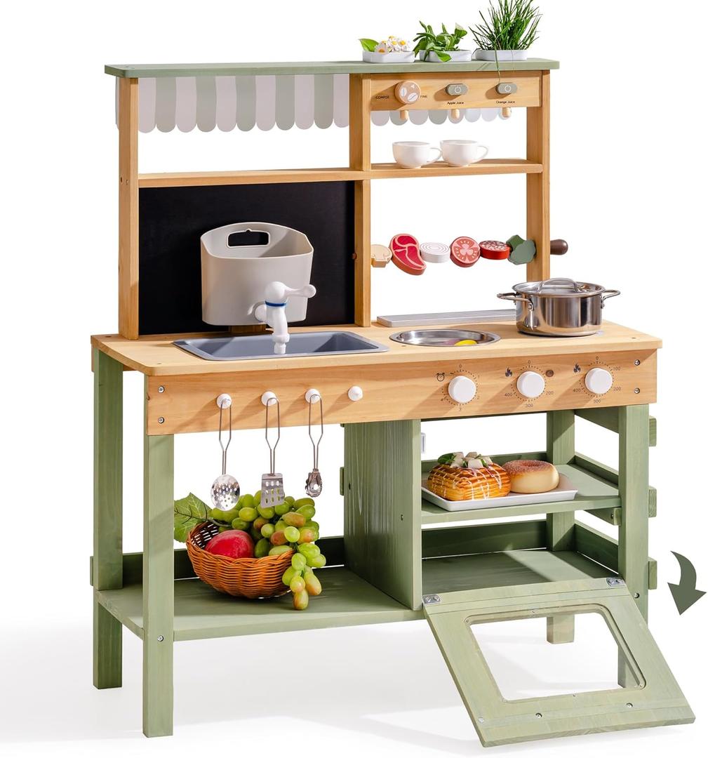 ROBUD Mud Kitchen for Kids Outdoor, Solid Wood Outdoor Play Kitchen, Green Kids Mud Kitchen with Barbecue Grill Removable Sink & Faucet, Monteeori Toys for Children Ages 3+, WH003