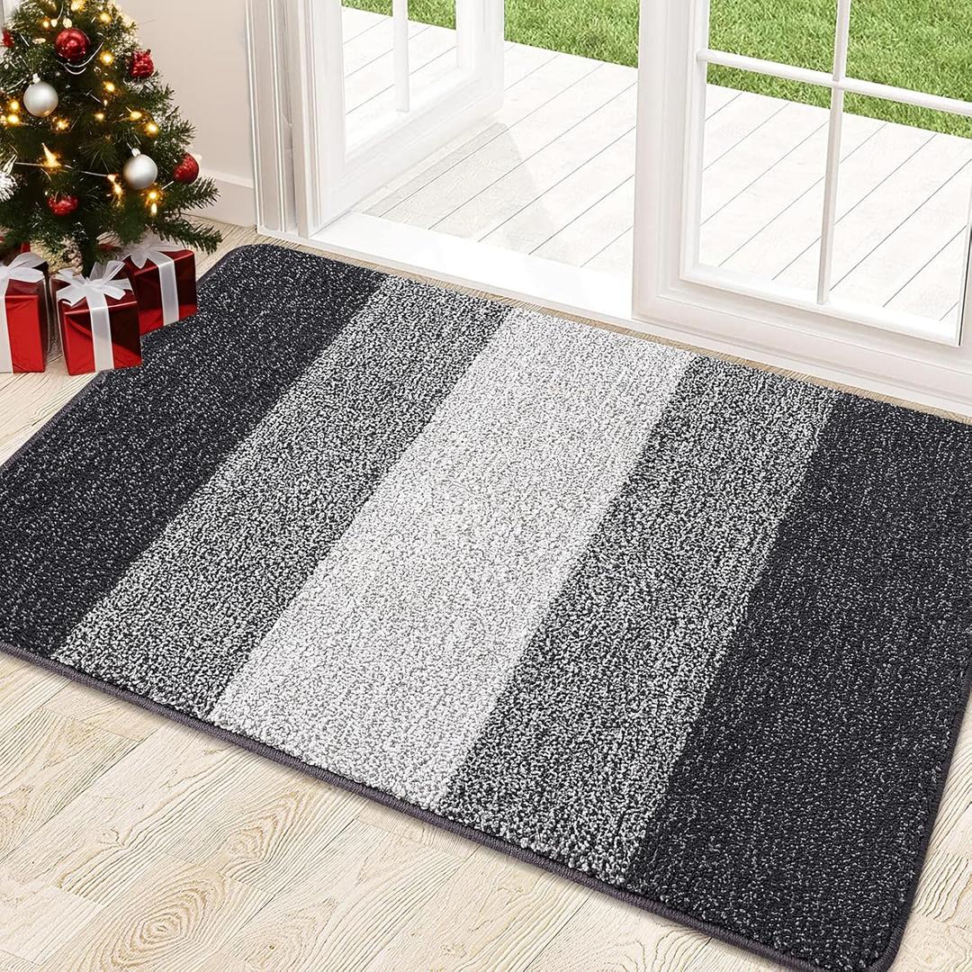 Kitinjoy Indoor Outdoor Door Mat, 32x20 Non-Slip Absorbent Dirt Trapper, Low-Profile Washable Inside Entrance Front Floor Mat, Sturdy Soft Entry Doormats for Entryway, Grey