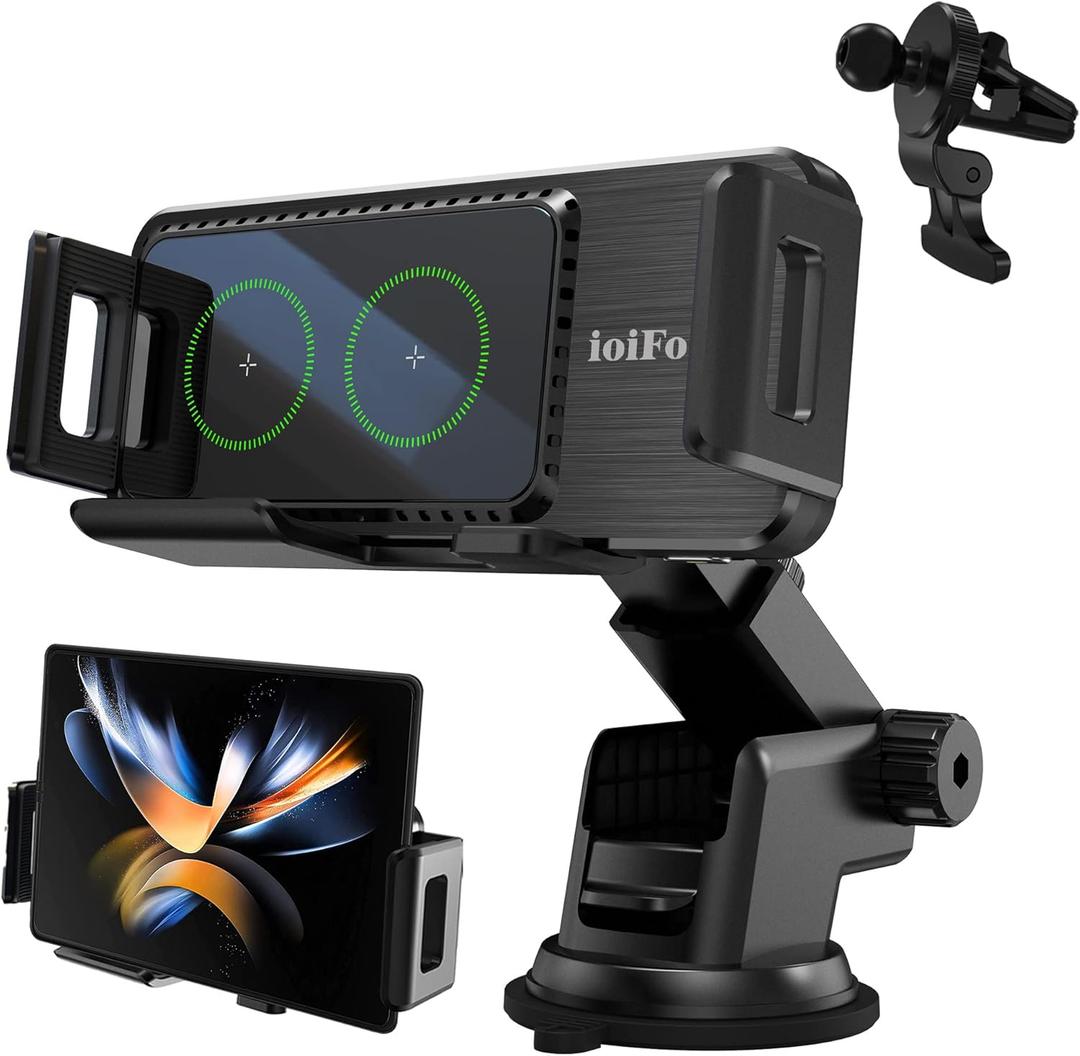 15W Qi Wireless Car Charger Auto-Rotating Dual Coils Fast Charging Vent/Dashboard Phone Mount Holder for Samsung Galaxy Z Fold 7/6/5/S24, iPhone 17/16/15/14 Pro Max, Google Pixel 8/7 Pro (L)