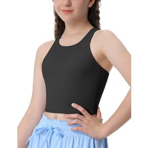 Girls Tank Tops Double Lined Crop Tops for Kids High Crew Neck Racerback Basic Sleeveless Dance Top for Girls (Medium, Black)