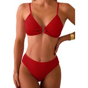 Fanuerg Women's Ribbed Triangle Bikini Sets O Ring Linked Two Piece Swimsuit Textured Cheeky Swim Bathing Suit, Red, S