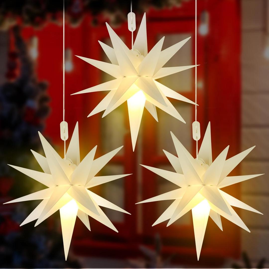 Kingdder 3 Pieces Moravian Star Light LED 3D Star Hanging Light Powered by Battery with Timer Function White Porch Lantern Holiday Decor for Indoor Outdoor Christmas Tree Balcony Courtyard (14 Inch)