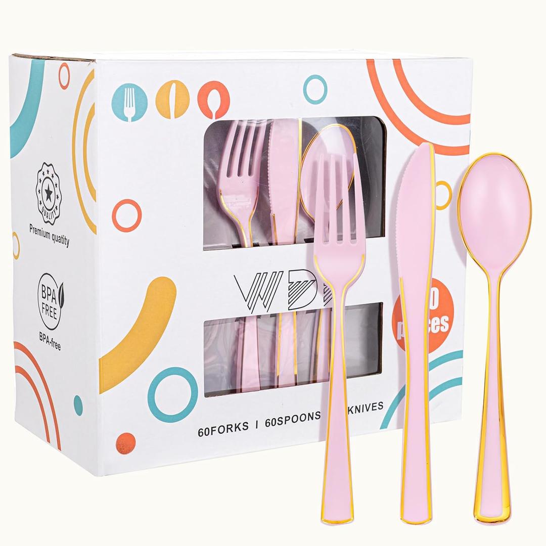 WDF 180 Pieces Pink Plastic Silverware with Gold -Pink Plastic Utensils Set - 60 Guest Cutlery Disposable for Birthday Party Baby Shower Wedding Spring