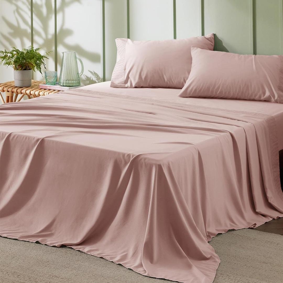 Bedsure Queen Sheet Set - 4 Pieces Soft Queen Size Sheets - Breathable & Cooling - Hotel Luxury - Easy Care Polyester Microfiber Cute Bedding for Women, Men, Dusty Pink