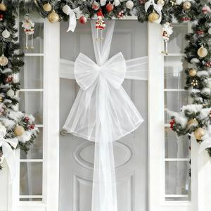 Christmas Cabinet Door Ribbon Bow Large Christmas Door Bow Decoration Xmas Tree Organza Bows Festival Wrapping Decorations for Front Doors Fireplace Wreath Home Holiday Birthday Party Supplies (White)