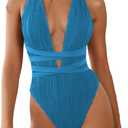 ZAFUL Women's One Piece Swimsuit Deep V Neck Ribbed Self Tie Sexy High Cut Bathing Suit Crisscross Back Swimwear (Blue, L)