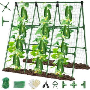 51" x 53" Cucumber Trellis for Raised Bed, A-Frame Garden Trellis for Climbing Plants Outdoor, Rust-Proof Metal Support for Tomato, Peas, Beans, Zucchini & Vines, with Netting & Clips