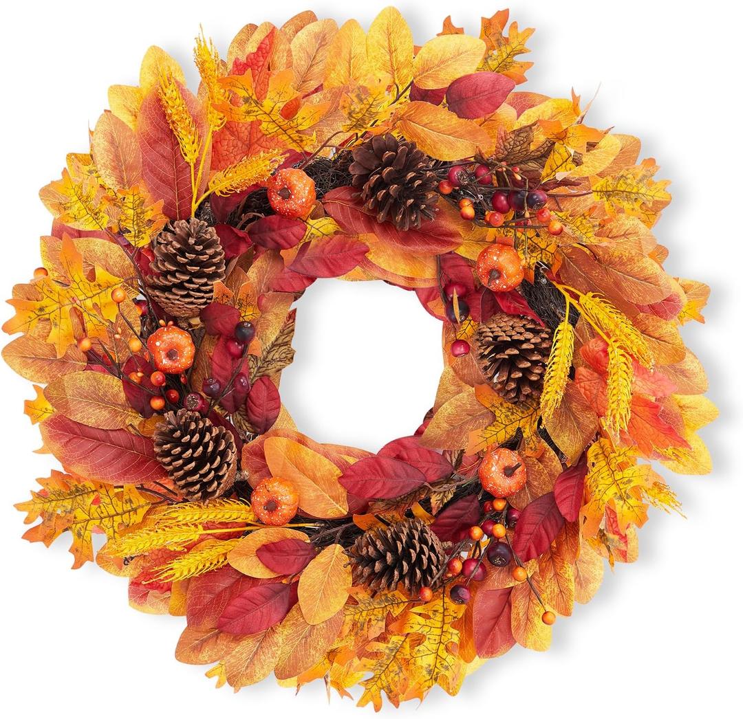 GarveeHome 24 in Fall Wreath for Front Door, Autumn Artificial Wreath with Pumpkins, Maple Leaves, Berries, Wheat for Front Door Indoor Outdoor Wall Halloween Thanksgiving Home Decor