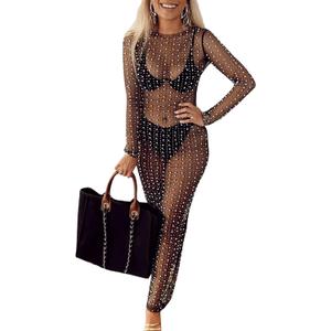 Honganda Sexy Women's Sheer Mesh Pearl Rhinestone Cover Up Dress Beach Swimwear Bikini Bathing Suit Coverups (Black) XL 