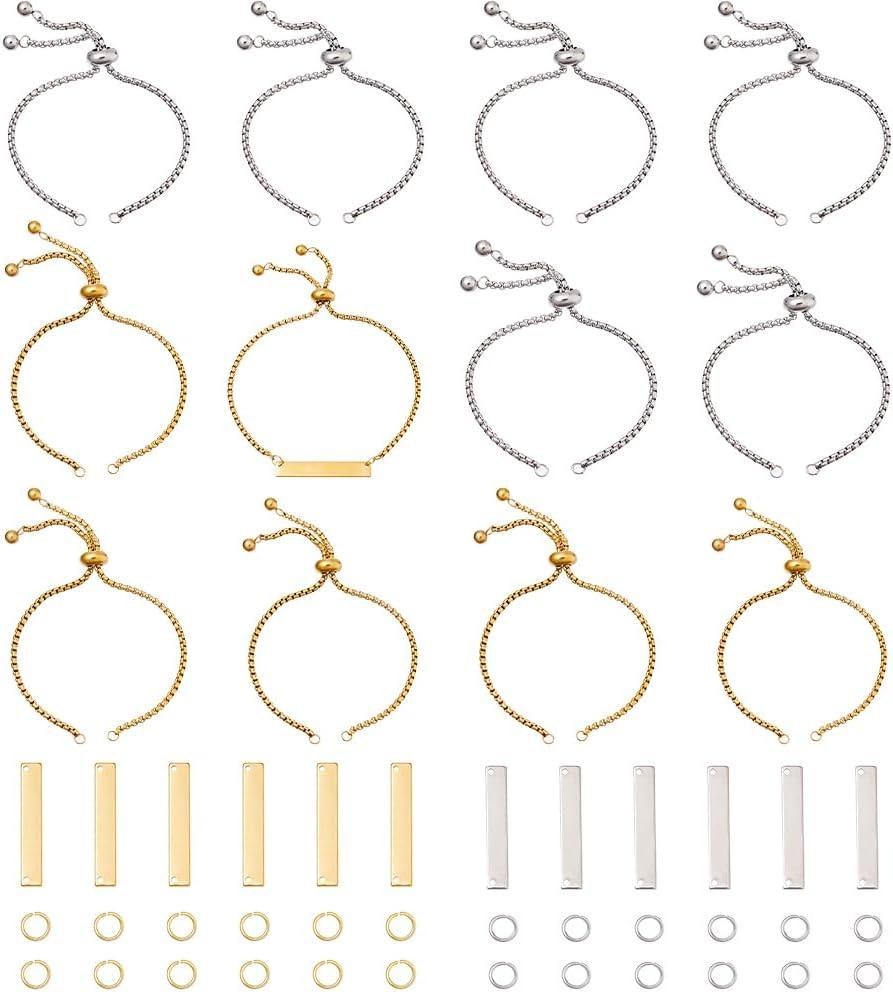 24 pcs 12set Engravable Bracelets DIY Kit 2 Color Stainless Steel Rectangle Connectors Adjustable Slider Bracelets and Open Jump Rings for DIY Bracelet Laser Crafting