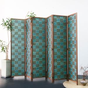 Furnnylane 6 Panel Room Divider Screen and Folding Panel Screen,Double Sided Bamboo Divider for Room Separation,Blue Square,67" H x 94.5" W