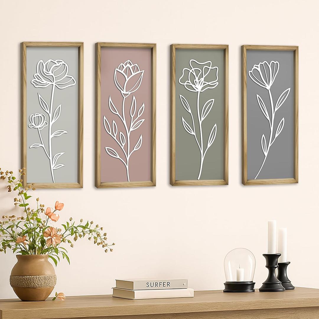 Product Elevations 3D Wooden Boho Wall Decor Set of 4  Neutral Wall Art for Living Room  Farmhouse Shabby Chic Framed 3D Art  Minimalist Botanical Home Decorations & Bedroom Decor  Luxury Home Gift