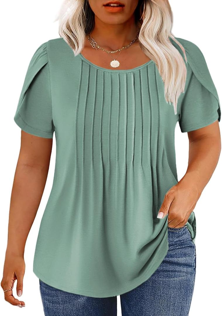 Womens-Plus-Size-Summer-Tops Trendy Petal Short Sleeve T Shirts Casual Crewneck Cute Flowy Pleated Blouses Tunics Tee (XXL)
