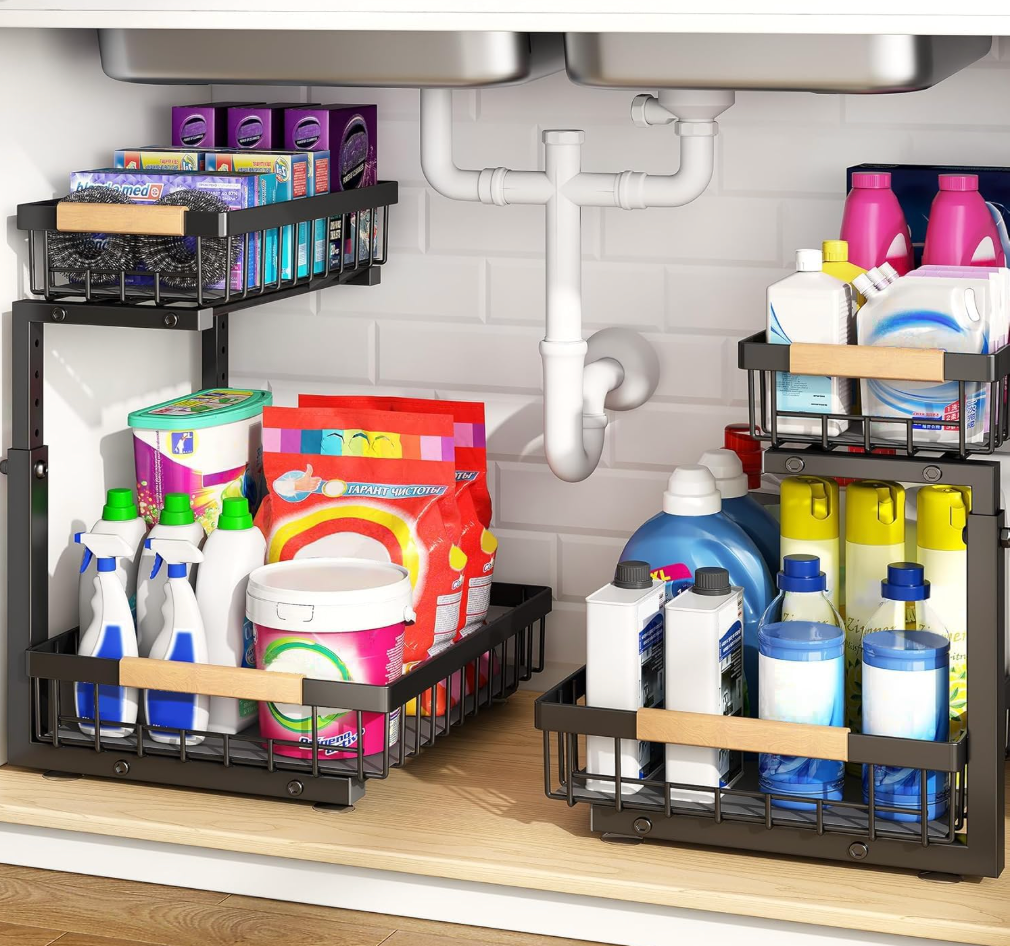 PXRACK Under Sink Organizer, Adjustable Height, 2 Tier Pull Out Under Cabinet Organizer, Slide Out Thickened Metal Under Sink Storage for Kitchen Bathroom Laundry Pantry Cabinet, Black, Large2Pack
