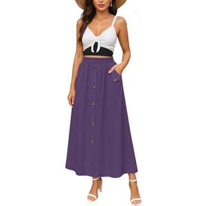 YSYOKOW Women Elastic High Waisted A-Line Midi Skirt Button Front Flowy Long Skirts Casual with Pockets S