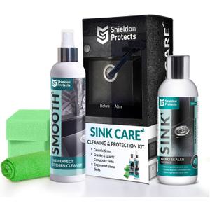 Shieldon Sink Care Kit  Cleaner & Nano Sealer for Granite Composite, Ceramic & Natural Stone Sinks  Restores Shine, Repels Stains, Grease & Hard Water  2 Sponges & Microfiber Cloth