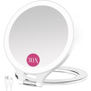 Magnifying Mirror with Light 30X/1X, Double Sided travel mirror with light, Rechargeable makeup mirror with 3 color setting Adjustable stand Lighted mirror Vanity Portable Desk Cosmetic Mirror