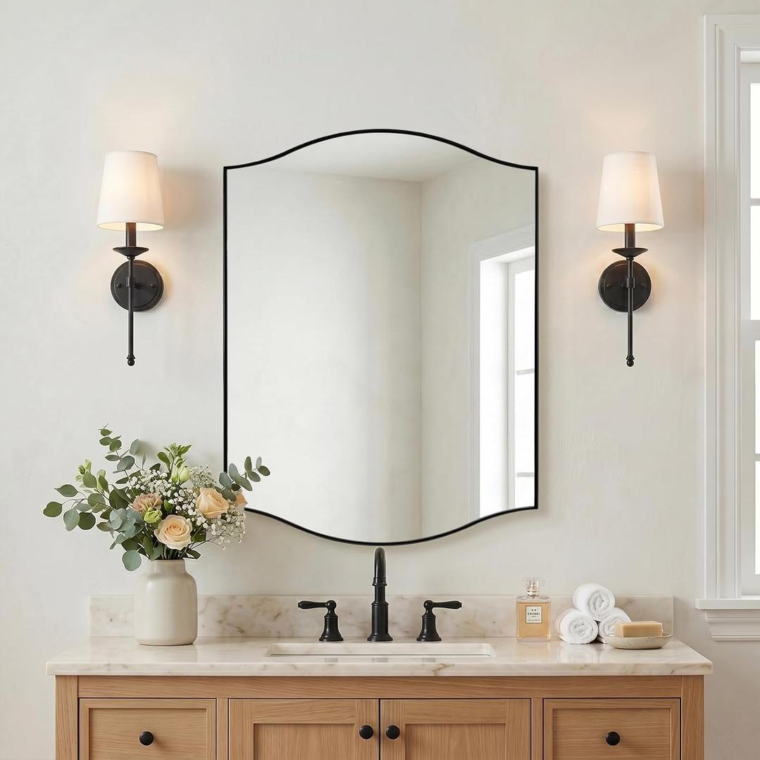 ANDY STAR Scalloped Bathroom Mirror24"x32" Black Rectangle Wall Mirror with Curved Edge Stainless Steel Metal Frame, Irregular Vanity Wall-Mounted Mirror for Bathroom, Entryway