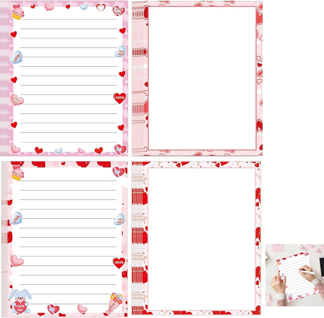 Happy Valentine's Day Letterhead Paper 48 Pcs Red Pink Love Heart Letter Writing Paper - Heart Valentines Day Paper Holiday Paper For Wedding Note Greeting Office Printing 8.5 x 11 Inch
