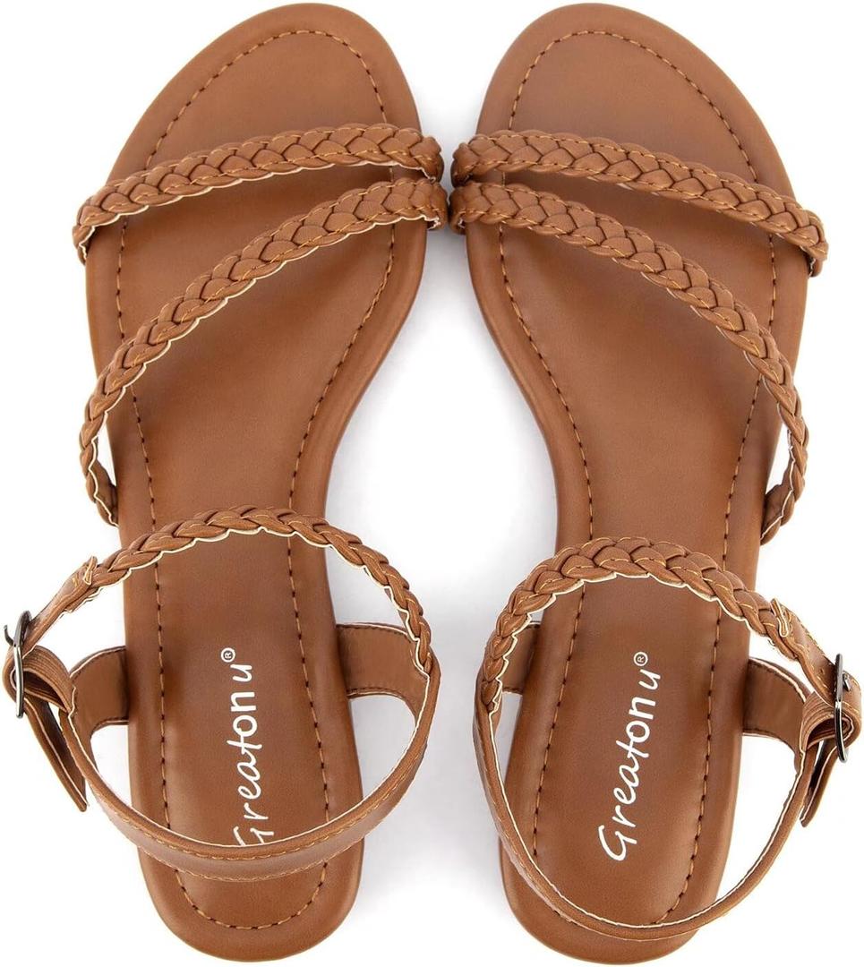 Greatonu Womens Flat Sandals Slip On Summer Gladiator Open Toe Braided Slingback Shoes (7.5, Camel)