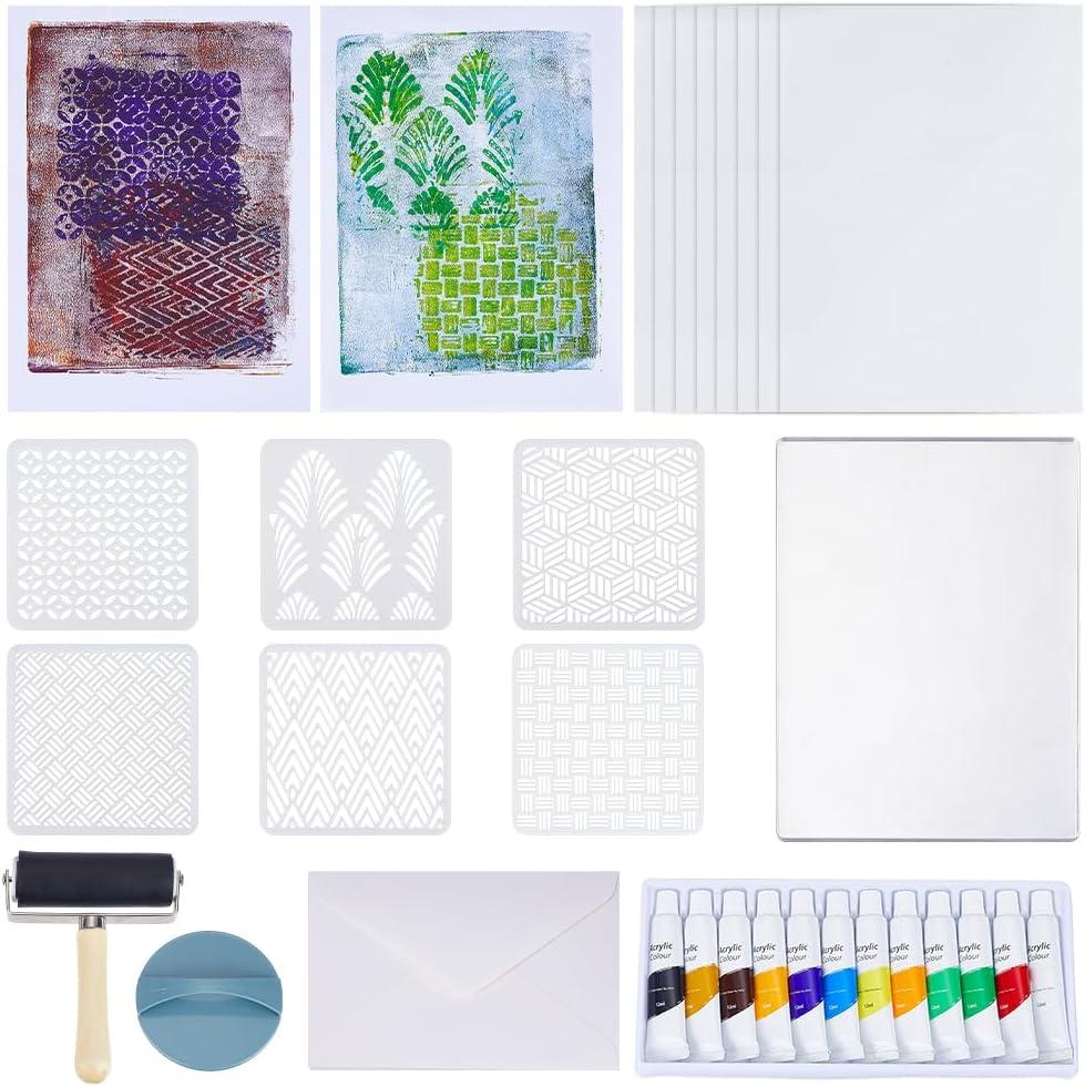WEBEEDY Gel Printing Plate Kit Geometric Printmaking Supplies Includes 5x7 Inch Reusable Gelatin Plate,Stencils,Acrylic Paint,Essential Tools and Instruction for Adults Beginner Printmaking Supplies