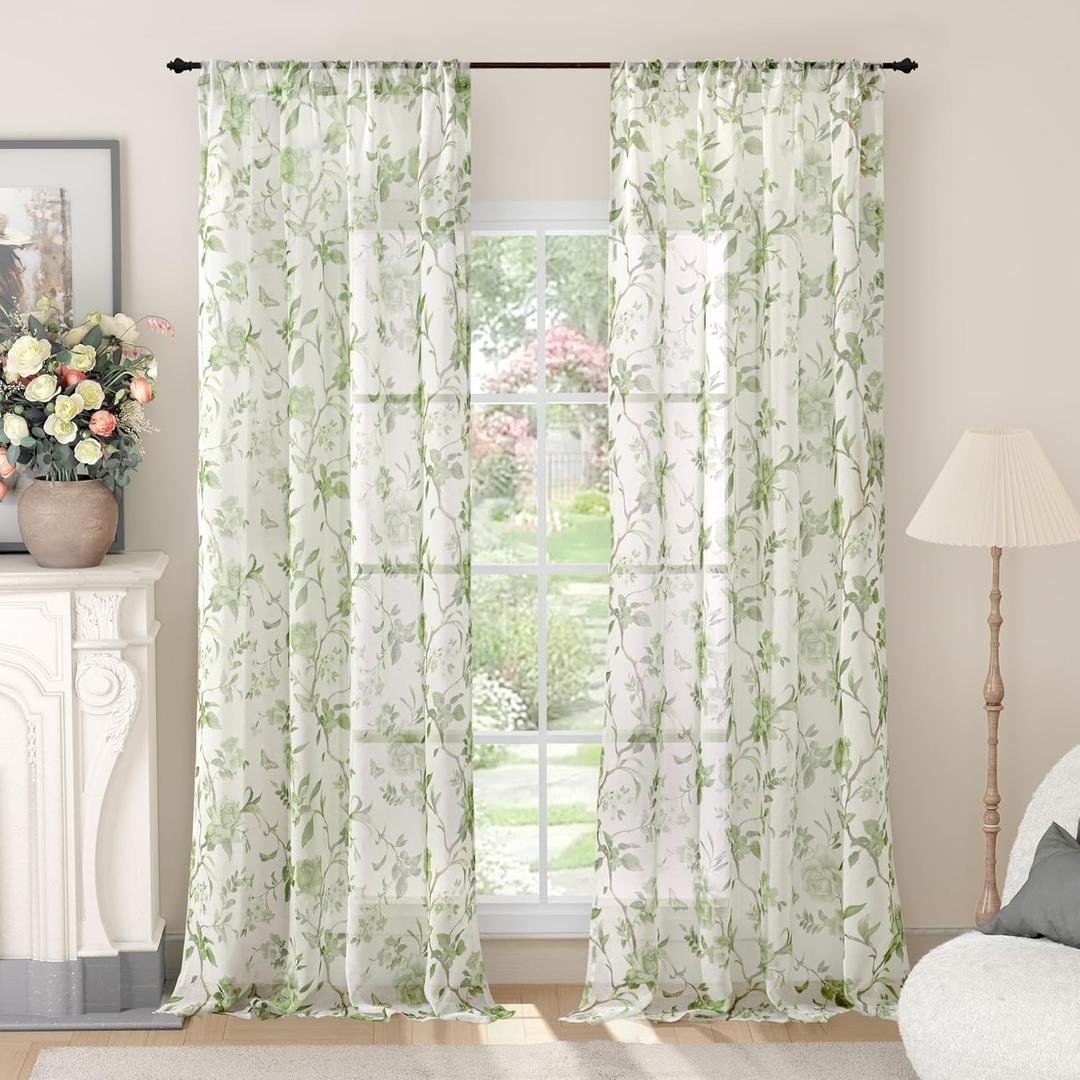 Lajode Sage Green Curtains for Living Room Sheer, Spring Leaf Vines Patterned Farmhouse Light Filtering Semi Sheer Linen Curtains for Bedroom 84 Inch Length 2 Panels Rod Pocket, Each 52 Inch Wide