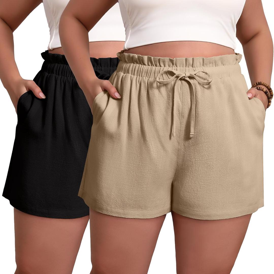 2 Pack Women's Linen Shorts L-5xl Plus Size with Pockets Cotton Drawstring High Waist Wide Leg Casual Summer Shorts, Large 