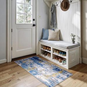 RELEANY Washable Area Rugs 2'x5' Non-Slip Modern Abstract Soft for Living Room Entryway Bedroom Kitchen, Print Pattern, Grey Blue Gold/Golden