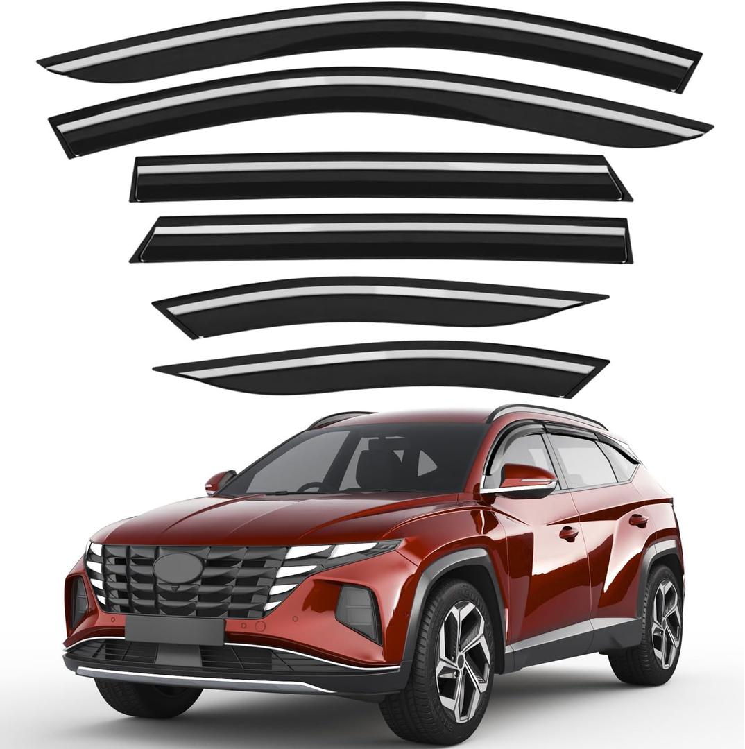 6pcs Outside-Mount Window Rain Guards Fit for Hyundai Tucson 2022-2026, Extra Durable Window Visors Wind Deflector Dark Smoke Vent Shades Car Tape-on 6-pcs with Thicker