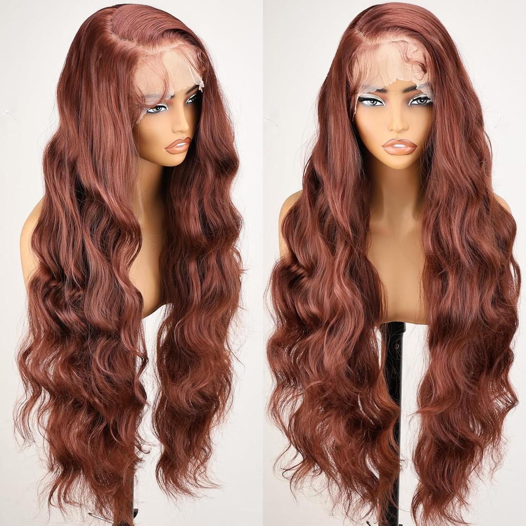 SOKU 13x6 Body Wavy Synthetic Wigs for Black Women 30 Inch Reddish Brown Long Wavy Glueless Lace Front Wig Pre Plucked Layered Ready to Wear Wig with Natural Hairline