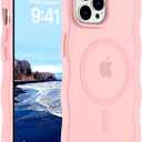 Hualele Magnetic for iPhone 15 Pro Max Case, Compatible with MagSafe, Military Grade Dropproof Translucent Matte Back Cute Curly Wave Edge Slim Phone Case 15 Pro Max, Light Pink
