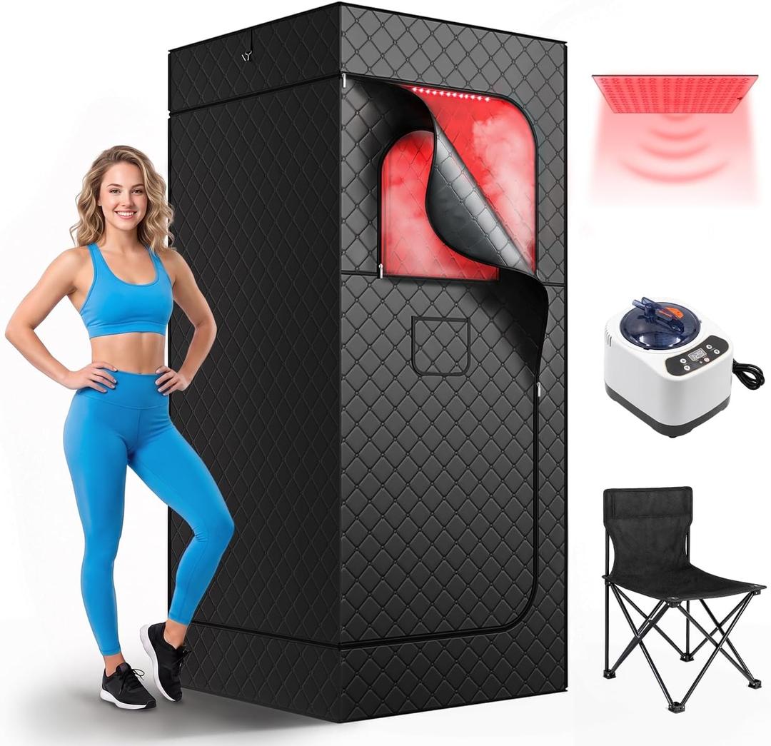 Infrared Sauna Box with 660nm Red Light Therapy & 850nm Infrared Light Panel, 3L Steamer, 9 Temp Levels & 99 Min Timer, 5-Layer Waterproof Insulated, Folding Chair, Personal Sauna for Home(Black)