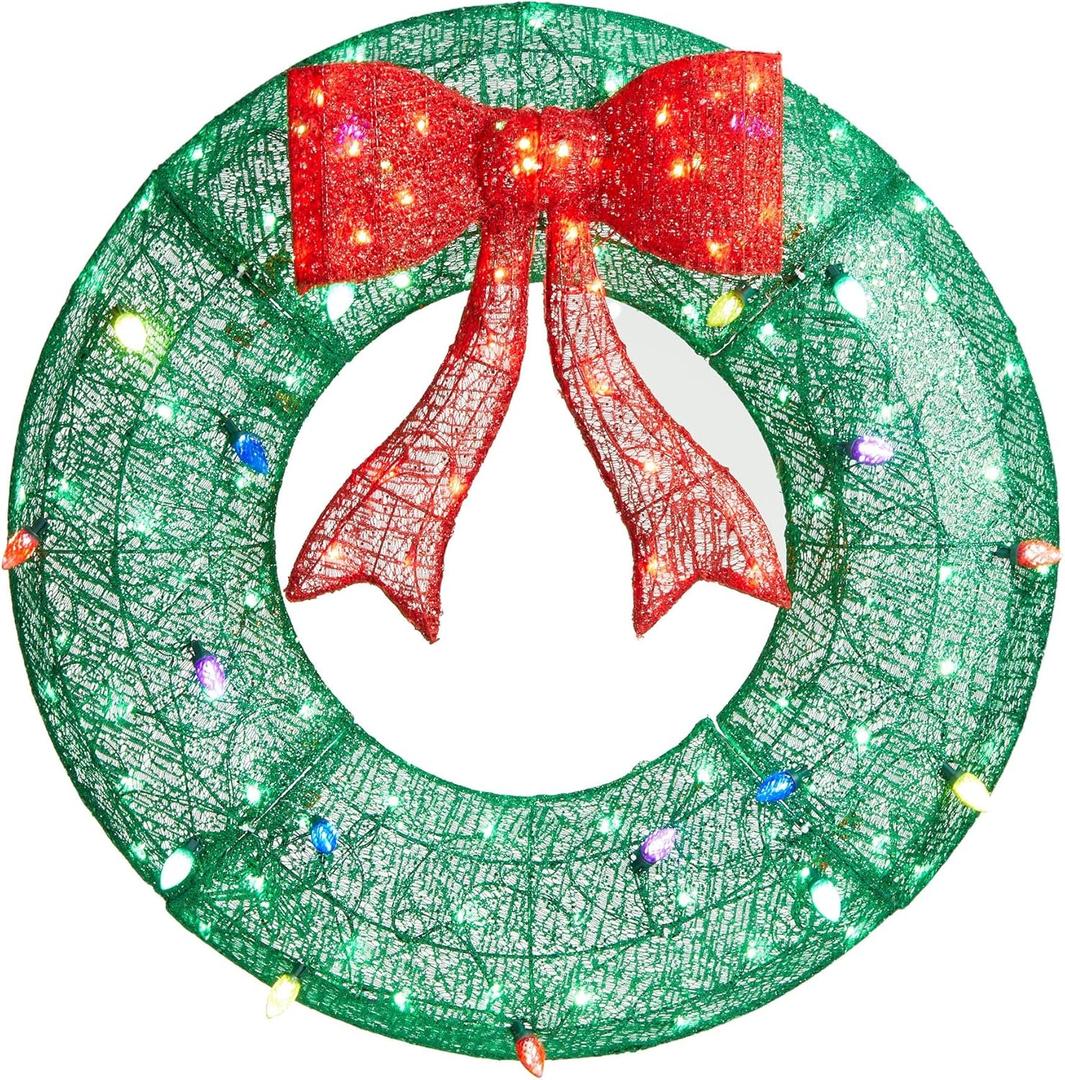Glitzhome Lighted Christmas 3D Mesh Wreath Decor 35.5" H Holiday Outdoor Decoration with Colorful Bulbs and 130 LED Lights
