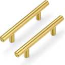 Plustool 30Pack 3''Hole Centers Gold Cabinet Handles-Brushed Brass Cabinet Pulls Gold Dresser Drawer Pulls-Stainless Steel Door Hardware for Kitchen Bathroom Bedroom Furniture-5''Overall Length