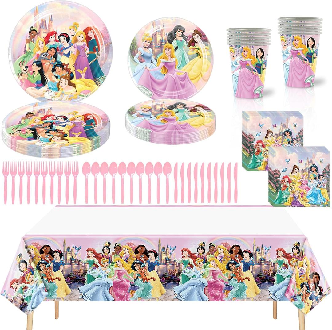 81 PCS Princess Birthday Party Supplies, Princess Tableware Set Includes 20 PCS Plates, 20 PCS Napkins, 10 PCS Paper Cups, 1 PCS Tablecloth and 10 PCS Plastic Knives/Spoon/Forks for Party Decorations